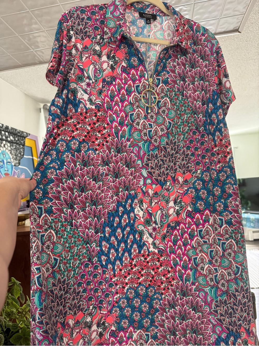MSK Women Plus 1X Colorful Paisley Ring Zip A-Line Dress - Picture 7 of 9